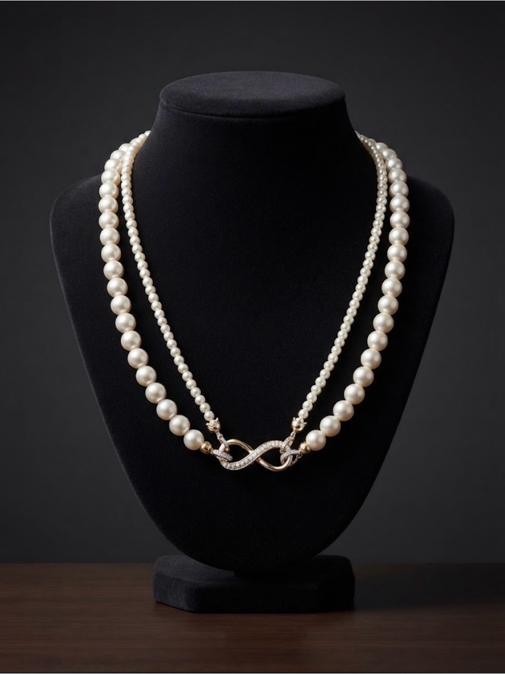 Pearl Double-Strand Necklace with silver Infinity Clasp - White